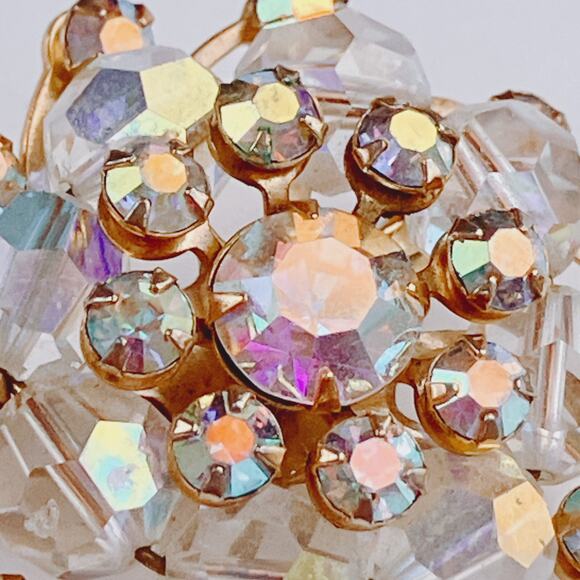 VTG Mid Century AB Rhinestone Brooch Crystal Cluster Gold Tone Cocktail Jewelry - Picture 3 of 10